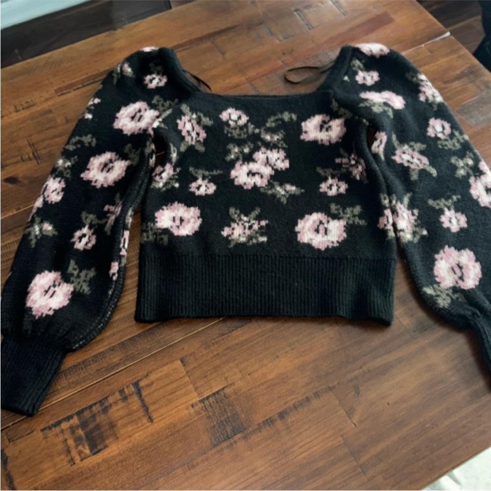 Anthropologie Floral Black and Pink Women's Sweater